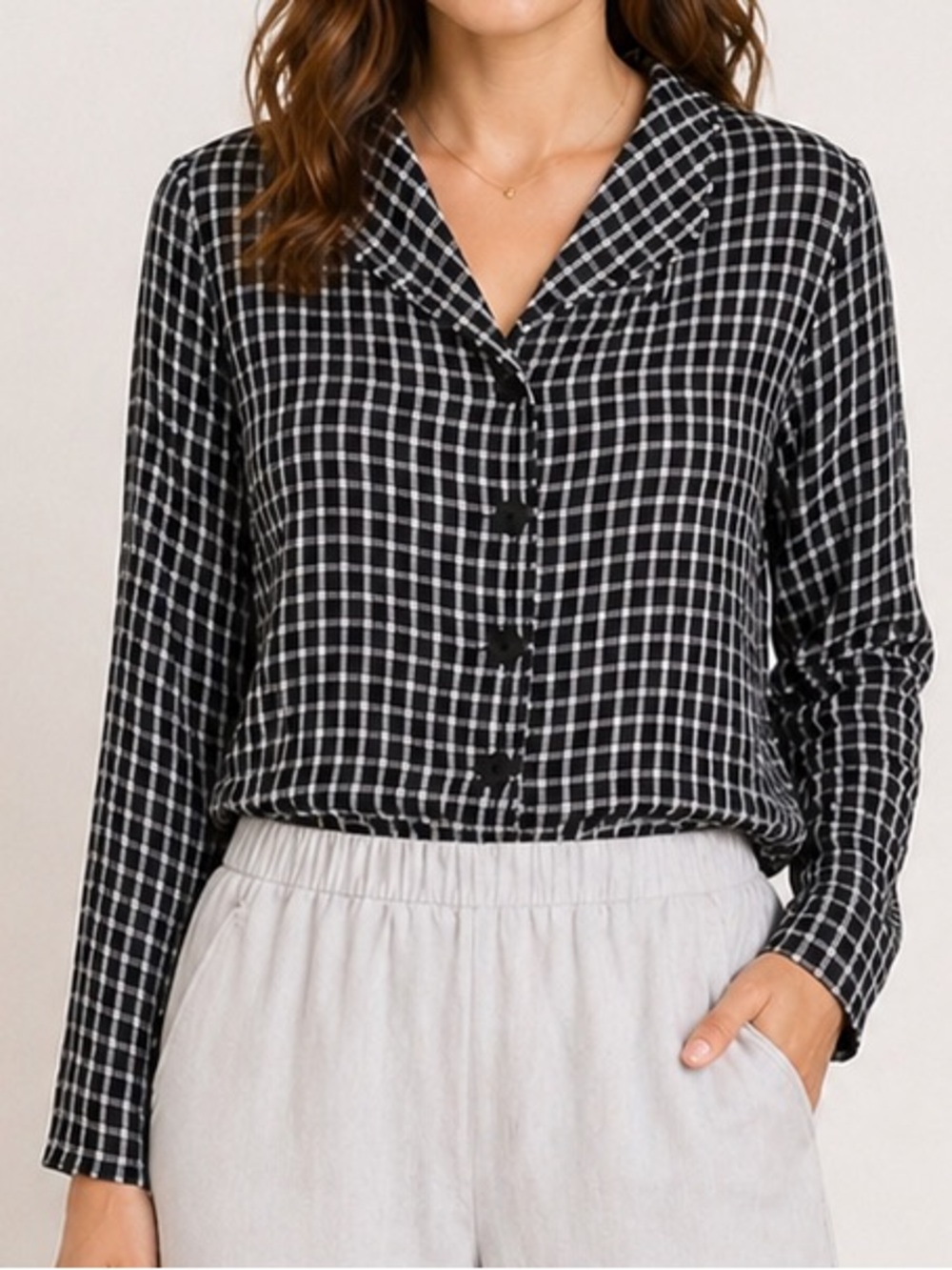 FLAX 100% Linen Black White Check Gingham Button Up Top Small